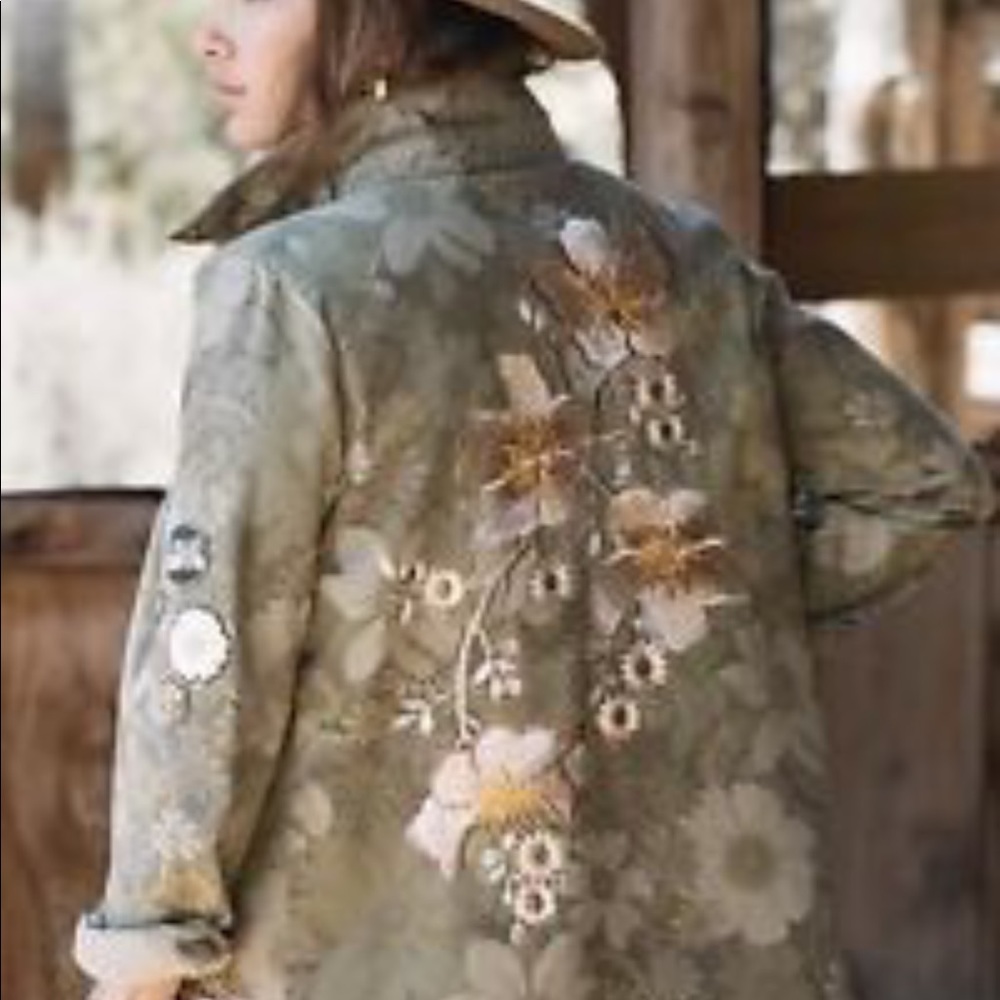 Spell Olive Green Floral Military Shirt Jacket - Picture 2 of 3